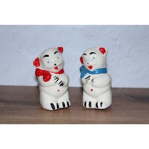 Vintage Shawnee Bear Salt Pepper Shakers Red Blue Bow Ceramic 3”